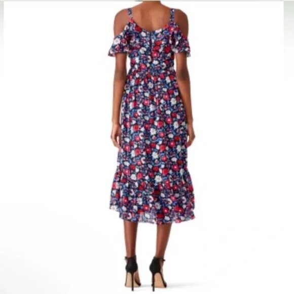 Kate Spade New York Navy Daisy Cutout Shoulder Silk Midi Dress Sz 2 EUC - Picture 5 of 10